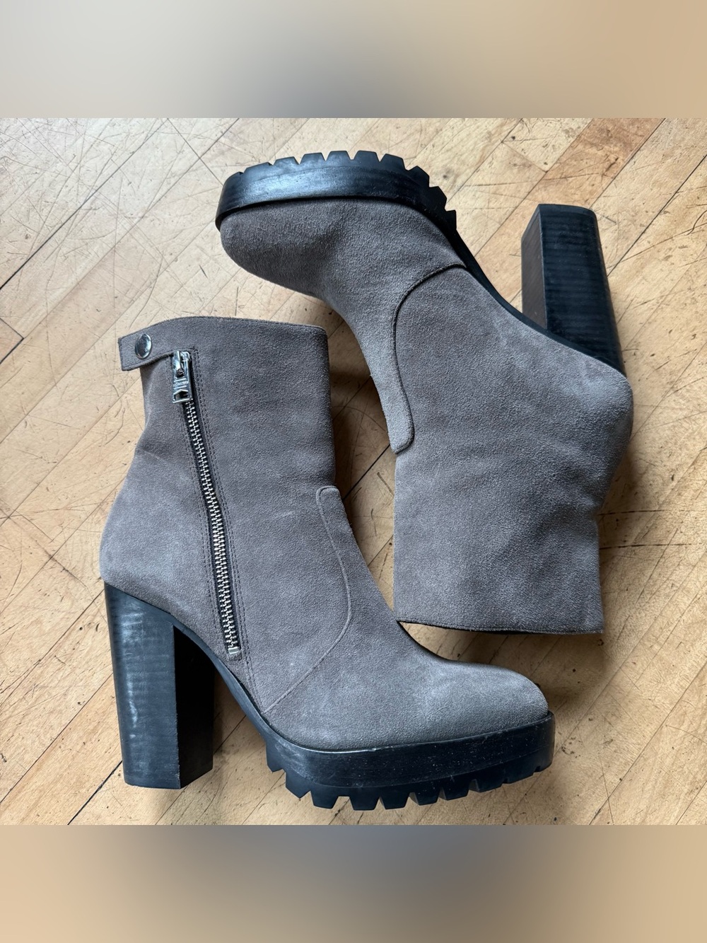 ALL SAINTS Grey Suede Lug Sole Zip Up Stacked Heel Moto Ankle Booties Ana 39 - Picture 2 of 12